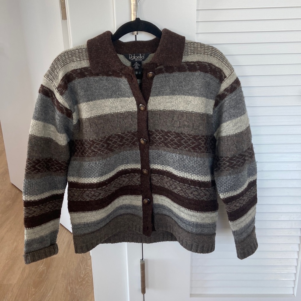 Rafaella Brown and Gray 100% Wool Collared button up Sweater